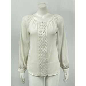 White House Black Market Womens Embroidered Blouse Top 2 Ivory Long Sleeve Sheer